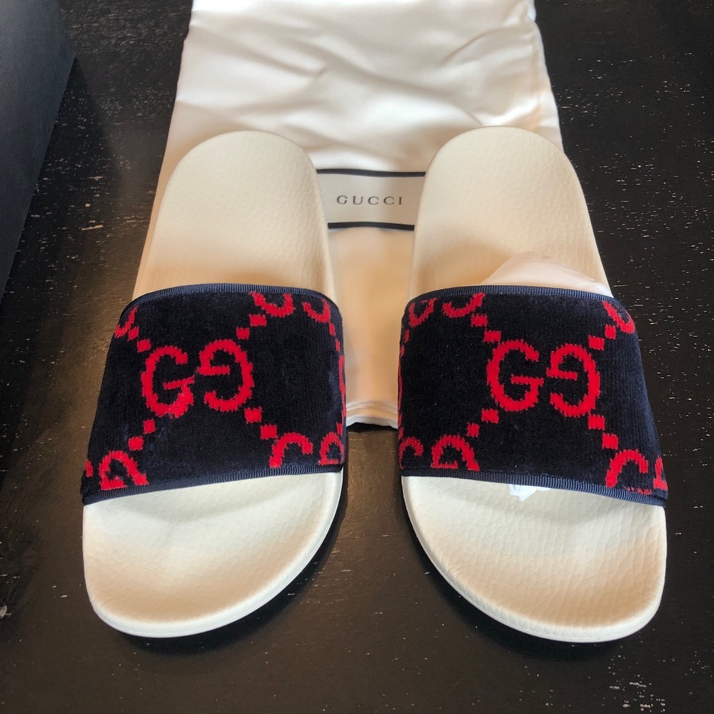 NIB GG Terry Red Blue Pool Slides Sandals